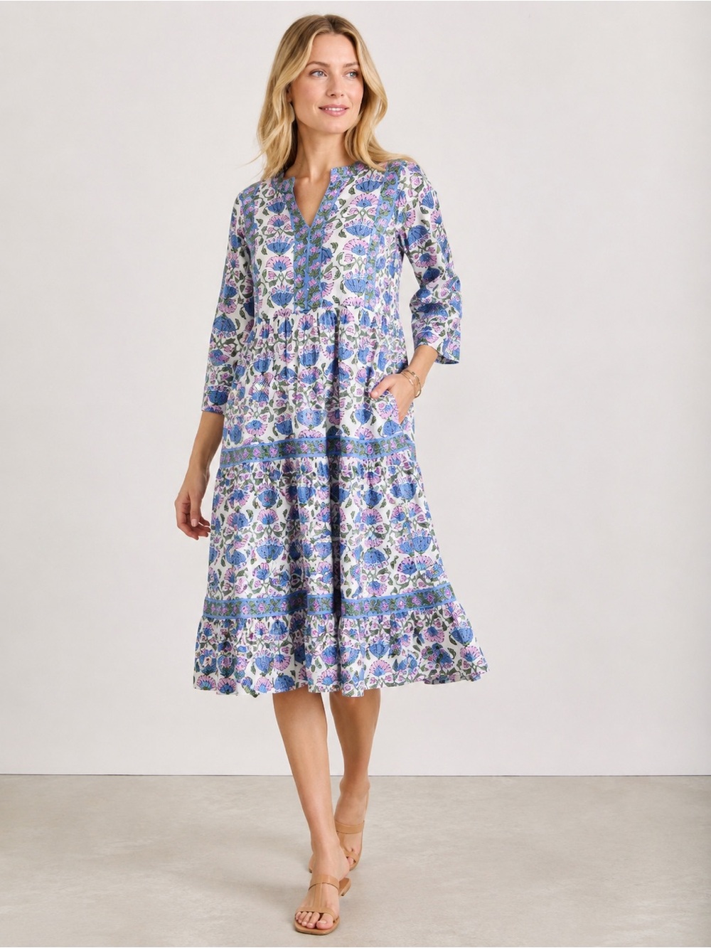 Mary Marshmallow Floral Cotton Tiered Dress Size L Lightweight